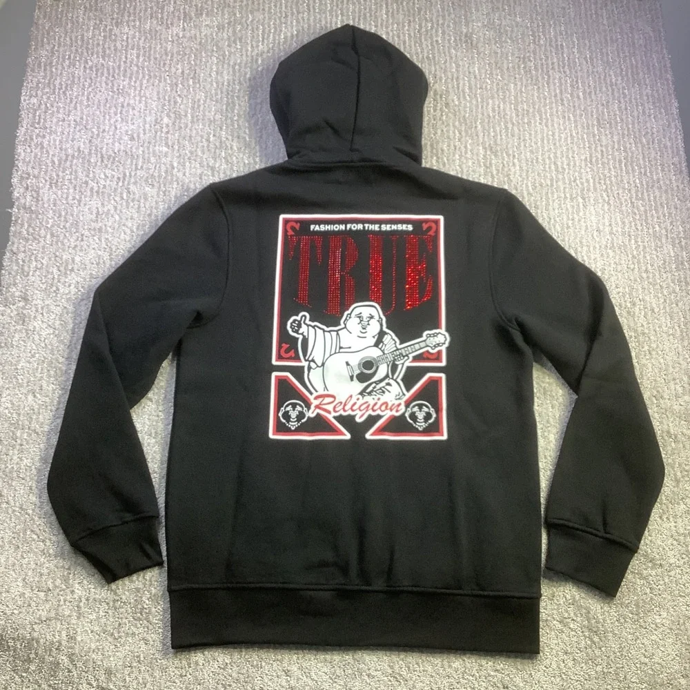 True Religion Mens Buddha Card Zip Hoodie Black Rhinestone Graphic Size M NWT